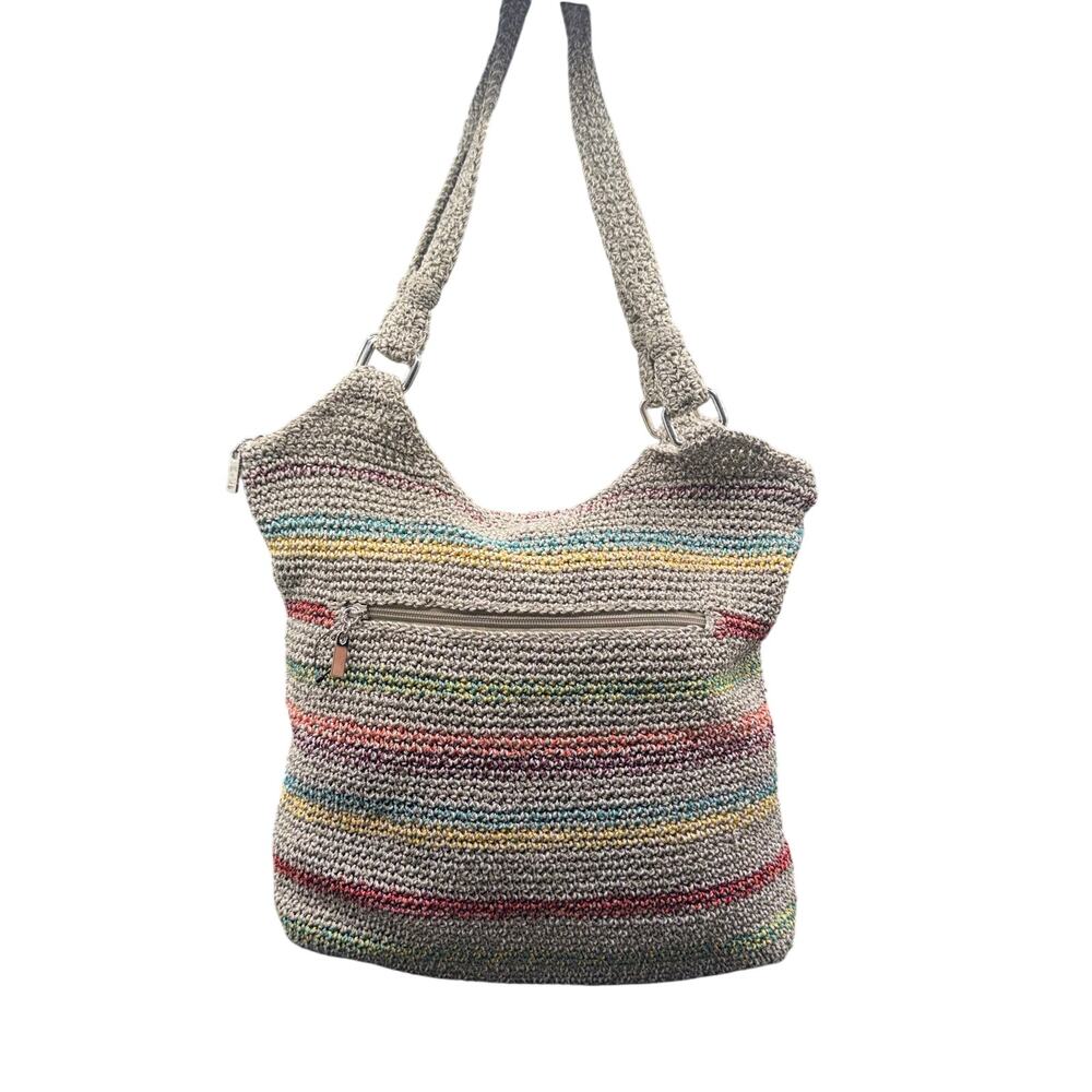 The Sak Greige Crochet Knit Stripe Hobo Shoulder Bag Boho Slouch Tote Large
